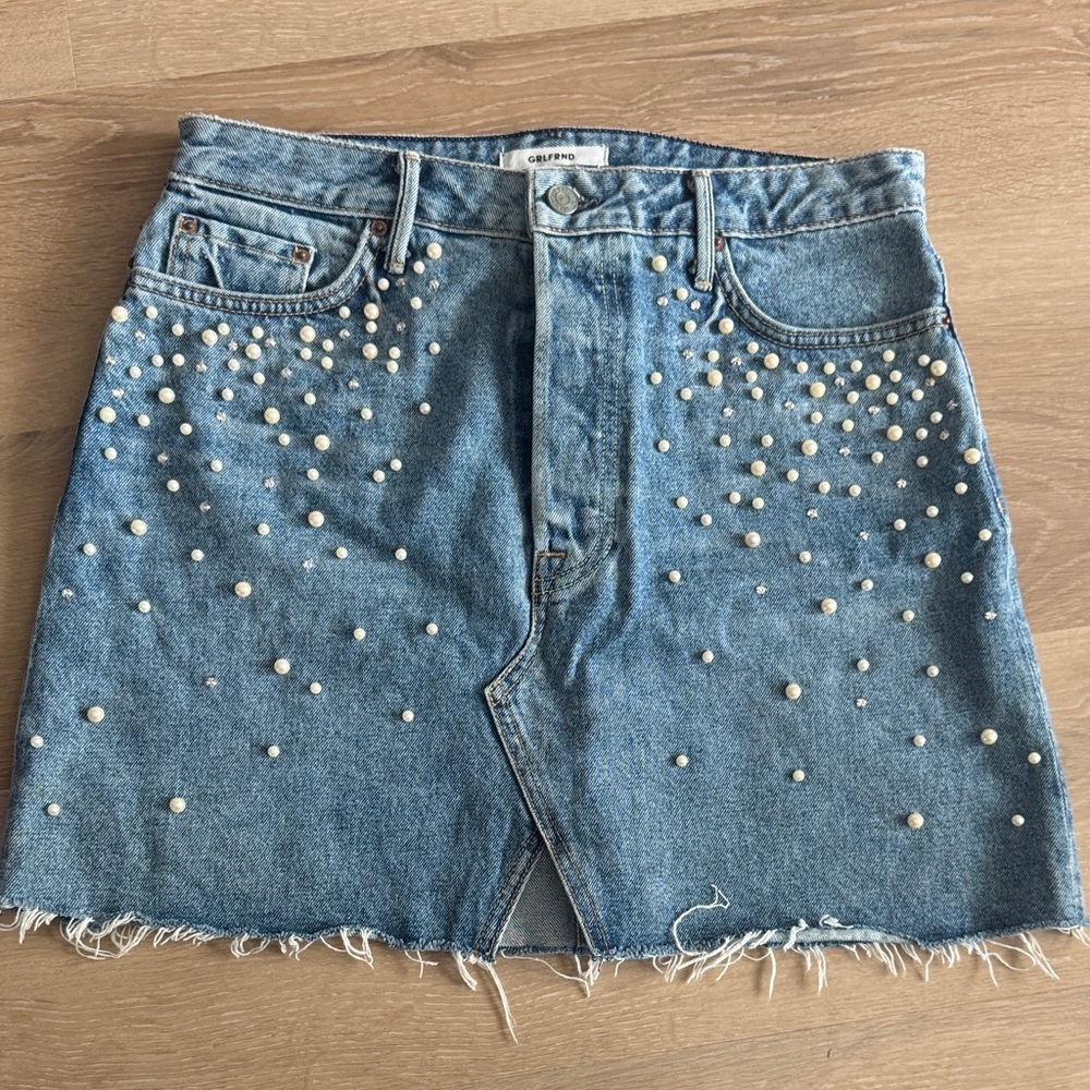 GRLFRND Blue Pearl-Studded Mini Skirt